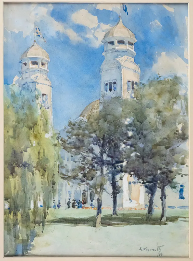illegible signature - framed watercolour - trees and buildings H-310 W-230 Image 1++