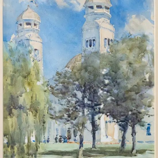 illegible signature - framed watercolour - trees and buildings H-310 W-230