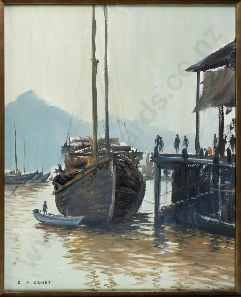 GA Genet - framed oil "At The Wharf, Hong Kong" H-500 W-400 Image 1++