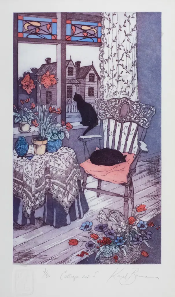 Karel Burrows - framed ltd edition print 3/80 "Cottage Cat I" H-400 W-240 Image 1++