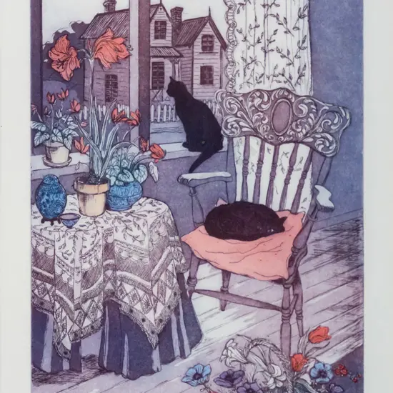 Karel Burrows - framed ltd edition print 3/80 "Cottage Cat I" H-400 W-240
