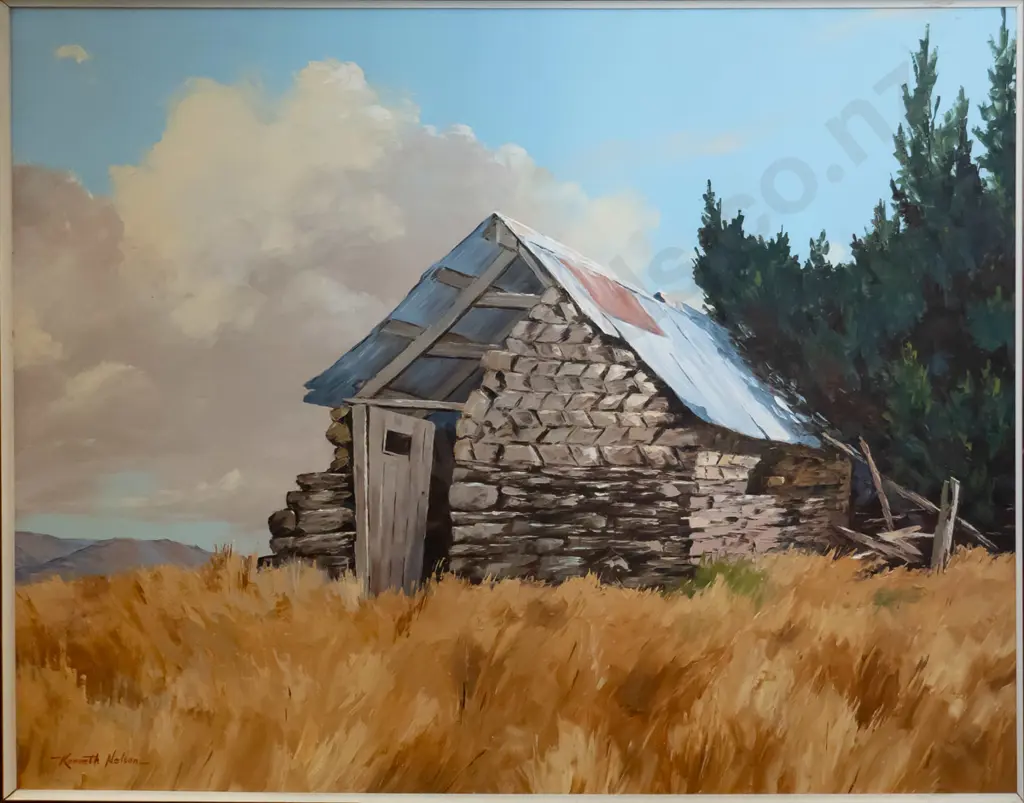 Kenneth Nelson 1971 - framed oil "Old Rabbiter's Hut, Moonlight Otago" H-500 W-640 Image 1++