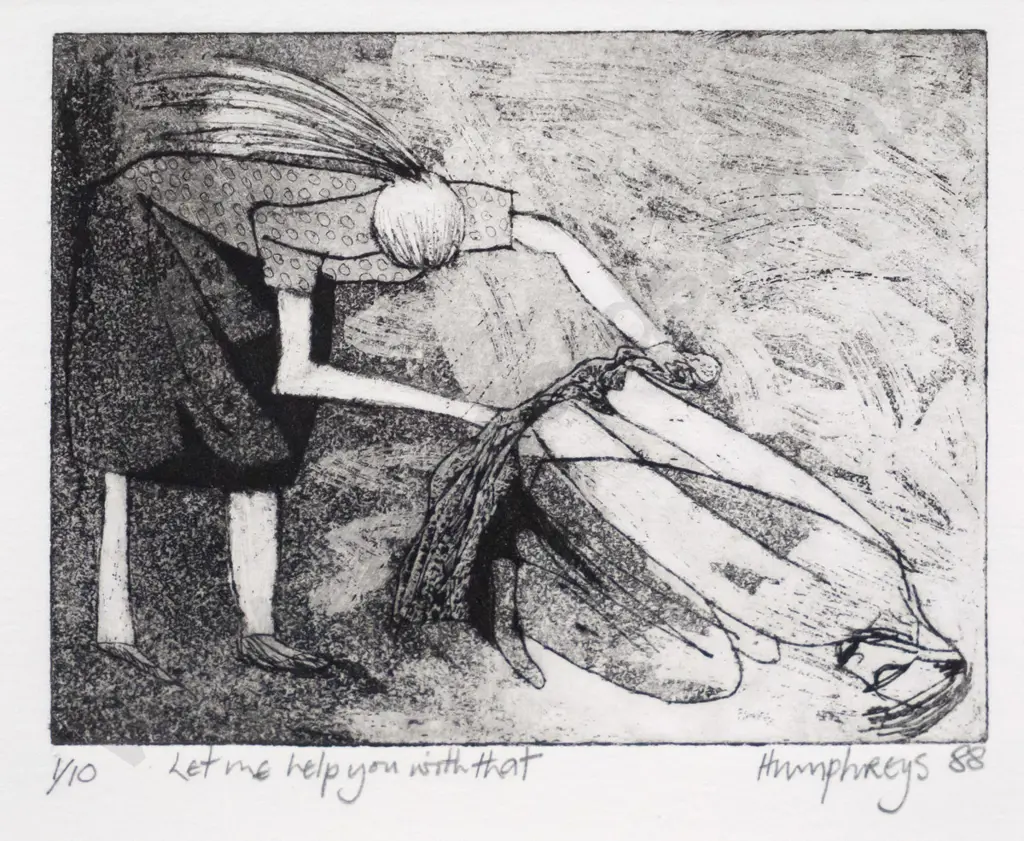 Clive Humphries '88 - framed etching 1/10  "Let me help you with that" H-80 W-100 Image 1++