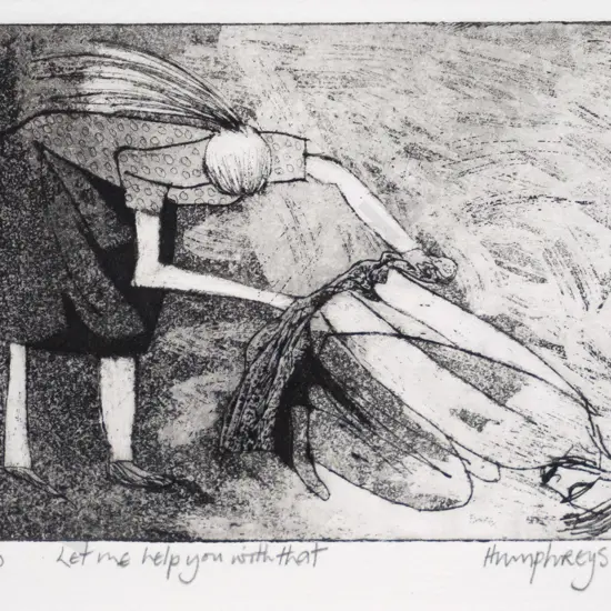 Clive Humphries '88 - framed etching 1/10  "Let me help you with that" H-80 W-100