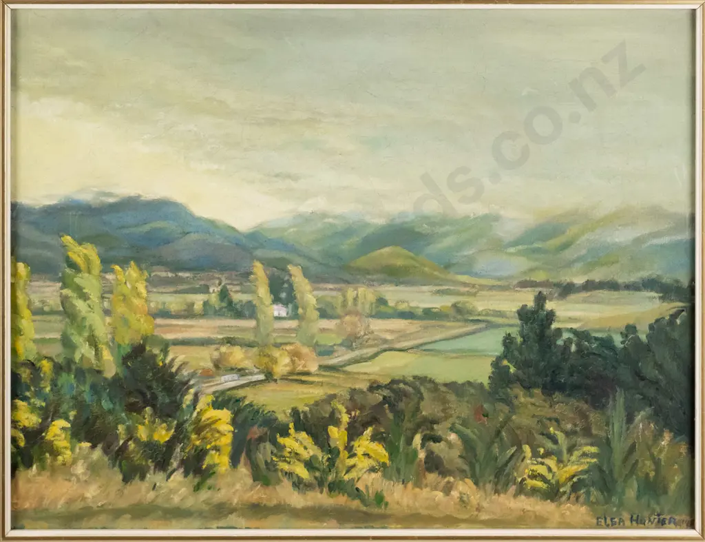 Elsie Hunter circa 950 - ramed oil "North Canterbury Landscape"  H-330 W-430 Image 1++