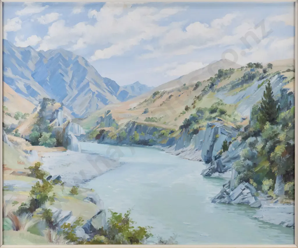 Peter Brown 1965 - framed oil - river and mountain scene H-490 W-590 Image 1++