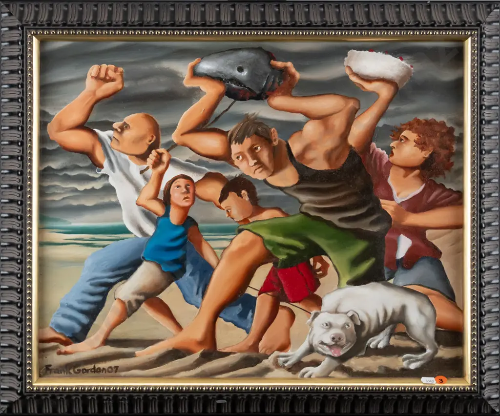 Frank Gordon '07- framed oil - group on beach H-3900 W-490 Image 1++