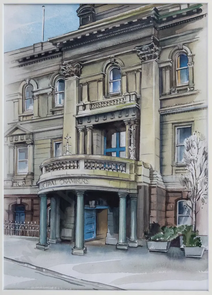 Mavis McKinney - framed watercolour "Dunedin Town Hall" H-345 W-250 Image 1++
