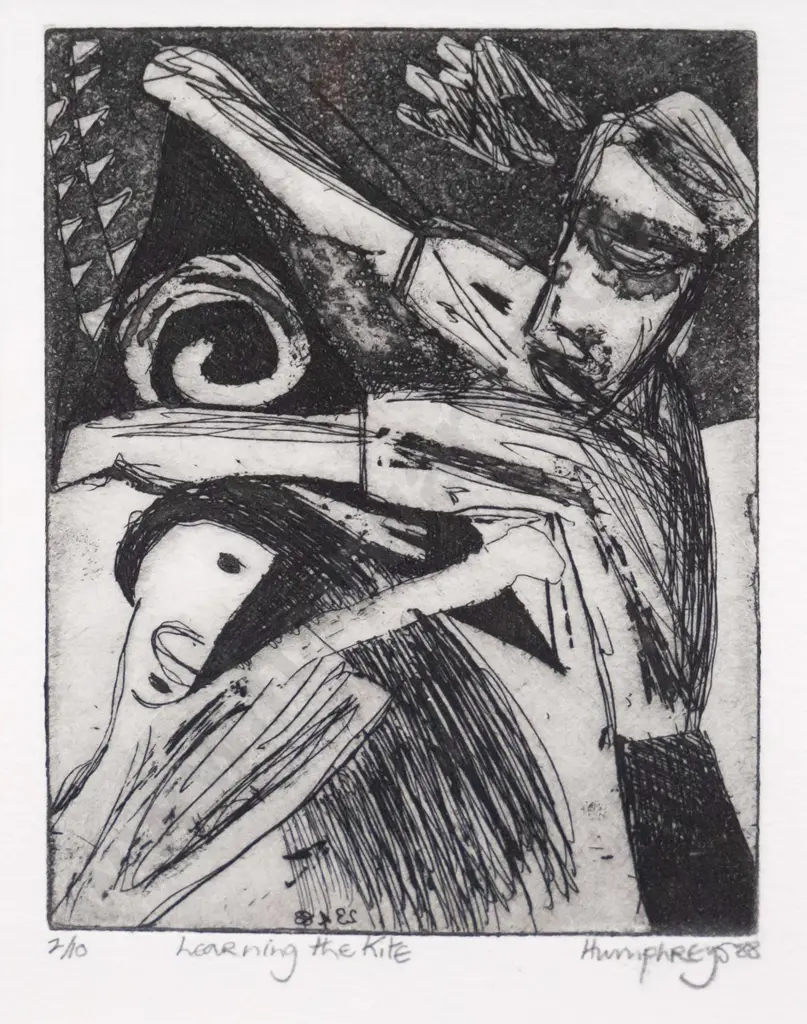 Clive Humphries '88 - framed etching 2/10 "Learning the Kite" H-100 W-80 Image 1++