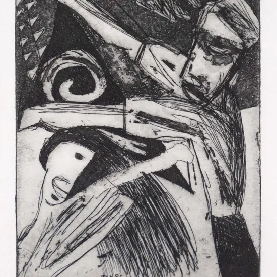 Clive Humphries '88 - framed etching 2/10 "Learning the Kite" H-100 W-80