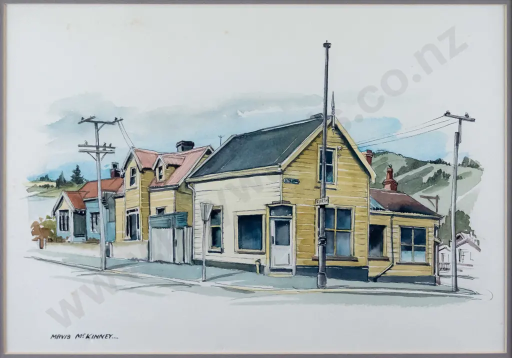 Mavis McKinney - framed watercolour "Corner Forth and Union Street" H-250 W-355 (slight foxing) Image 1++
