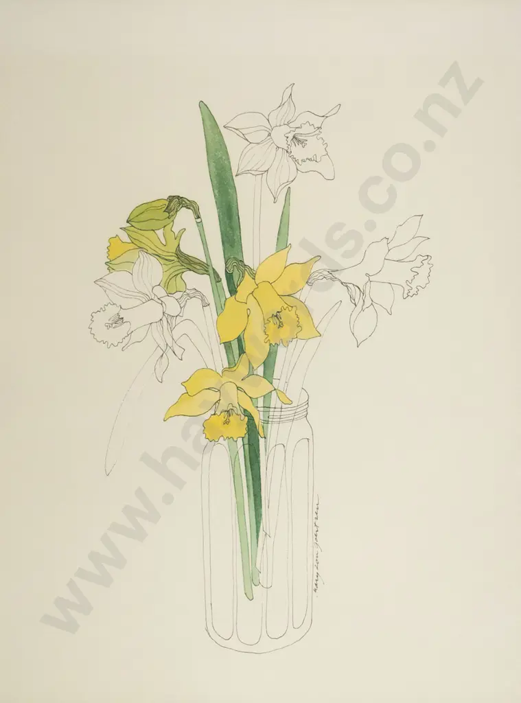 Mary Lou Goertzen - framed ink and watercolour - daffodils H-380 W-290 Image 1++