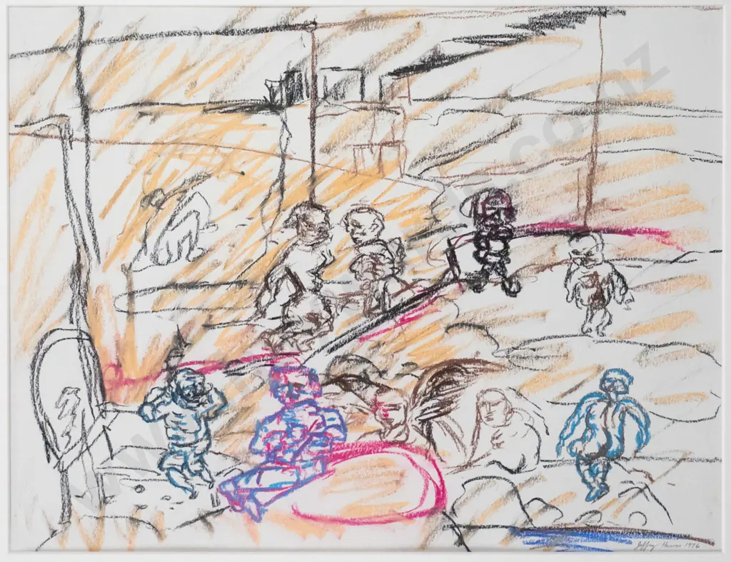 Jeffrey Harris 1976 - framed pastel - group of people H-330 W-420 Image 1++