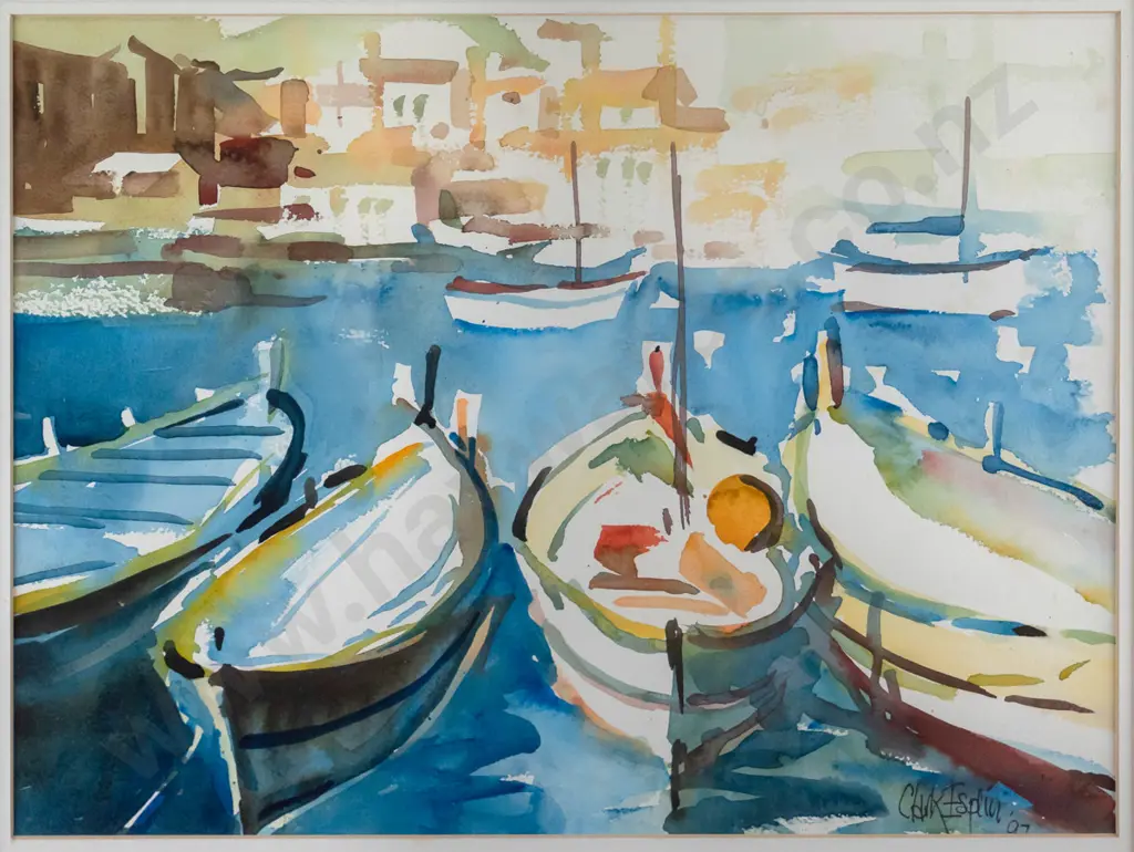 Clark Esplin '07 - framed watercolour "Fishing boats - Nice" H-290 W-380 (framing needs attention) Image 1++