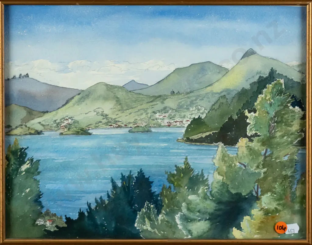 Joan Brickell 1985 - framed watercolour "Otago Harbour, Harbour Cone from St Leonards" H-265 W-340 Image 1++