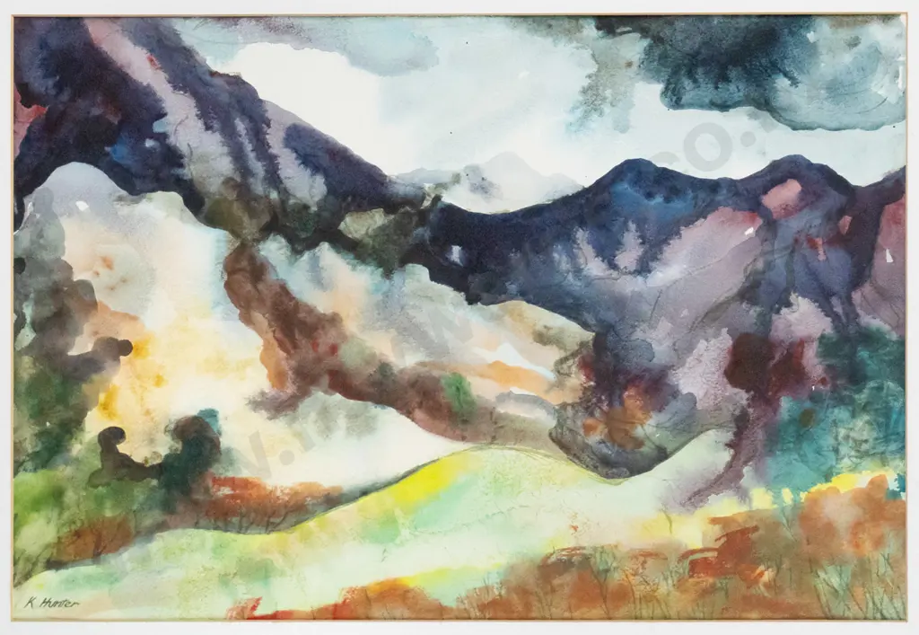 Kay Hunter - framed watercolour - landscape H-370 W-550 (framing needs attention) Image 1++