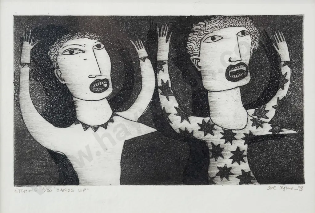 Sue Symes '93 - framed etching 3/20 "Hands Up" H-130 W-190 Image 1++