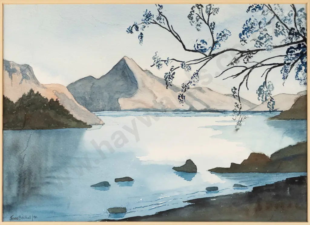 Joan Brickell '90 - framed watercolour - lake and mountain scene  H-250 W-350 Image 1++