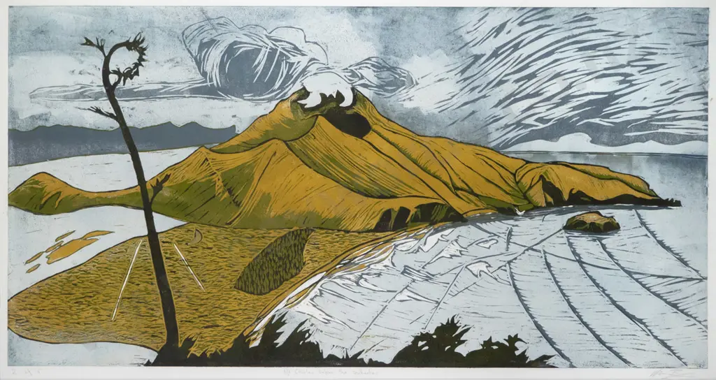 Manu Berry - framed woodcut "Mount Charles before the southerlies" H-480 W-950 Image 1++