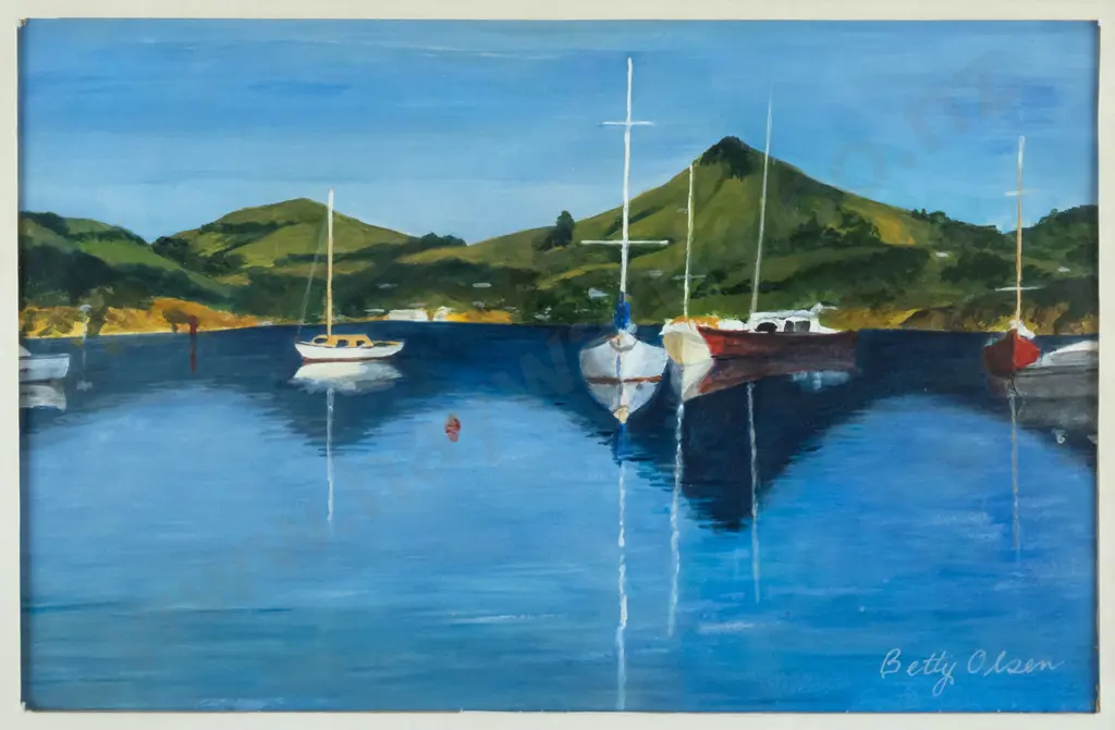 Betty Olsen - framed watercolour - Harbour Cone,Otago Harbour H-250 W-360 Image 1++