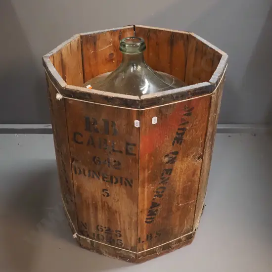 large glass carboy H-520 D-350 in wooden shipping barrel marked RB Cable Dunedin / Made in England - borer, corrosion,