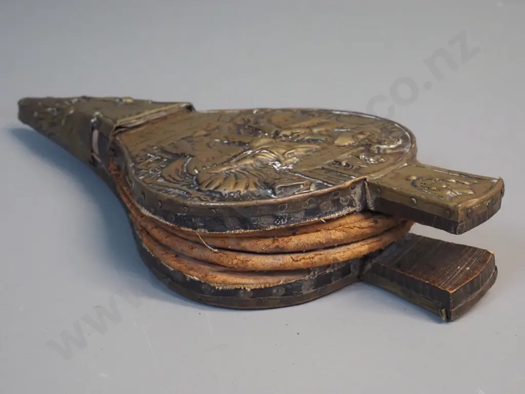 vintage timber, leather and brass bellows with pressed brass figural design on one side L-310 W-150 Image 1++