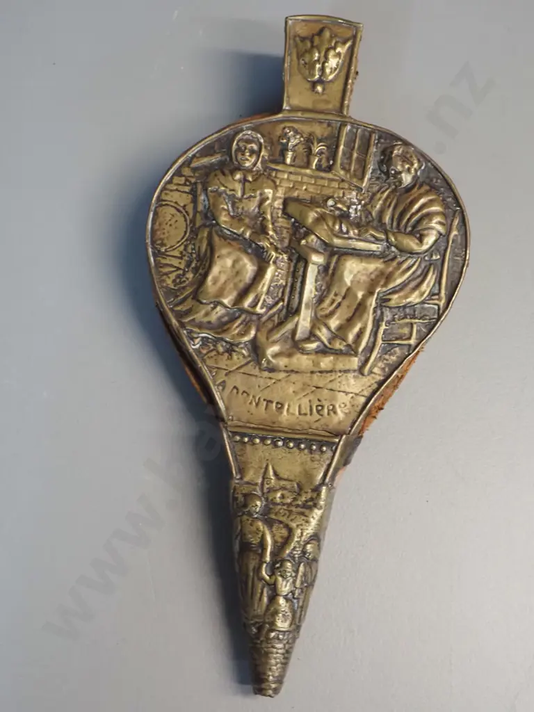 vintage timber, leather and brass bellows with pressed brass figural design on one side L-310 W-150 Image 1++