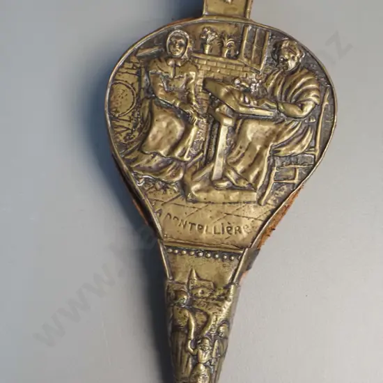 vintage timber, leather and brass bellows with pressed brass figural design on one side L-310 W-150