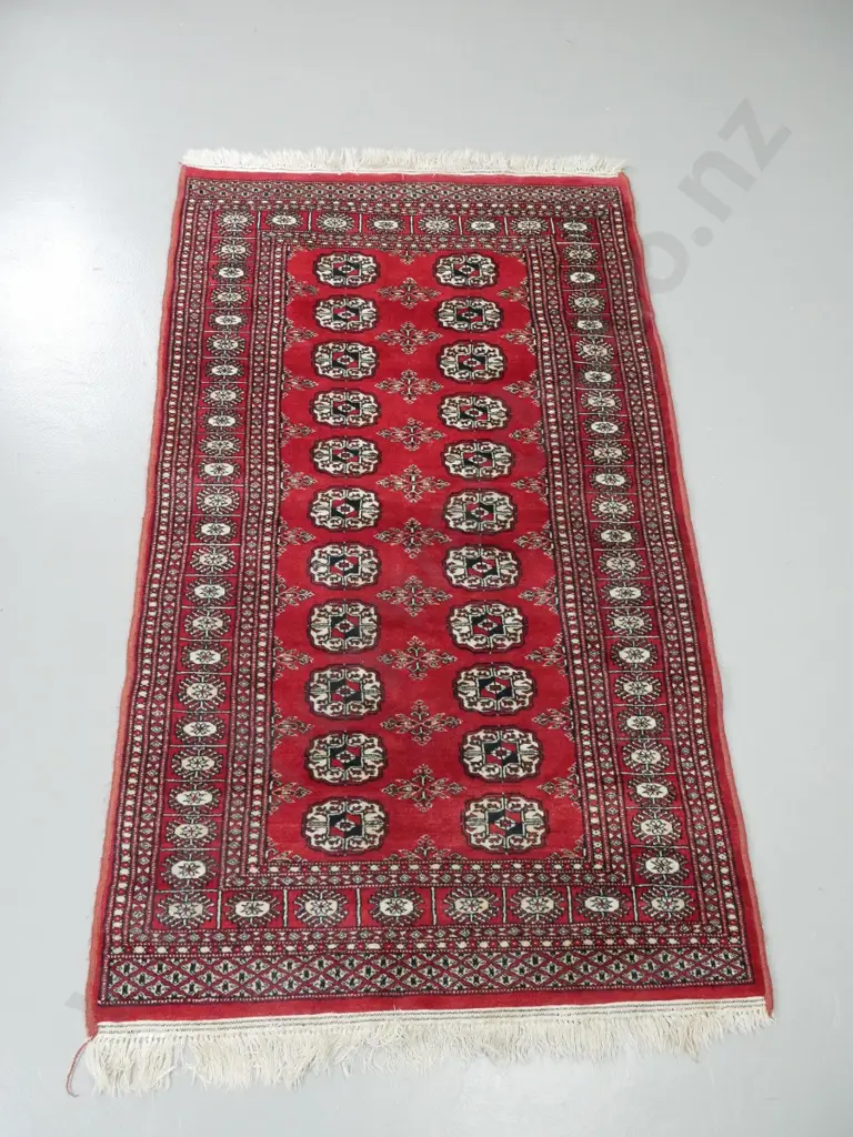 hand-knotted wool Turkoman floor rug - dark red, black, cream. L-1660 W-940 Image 1++
