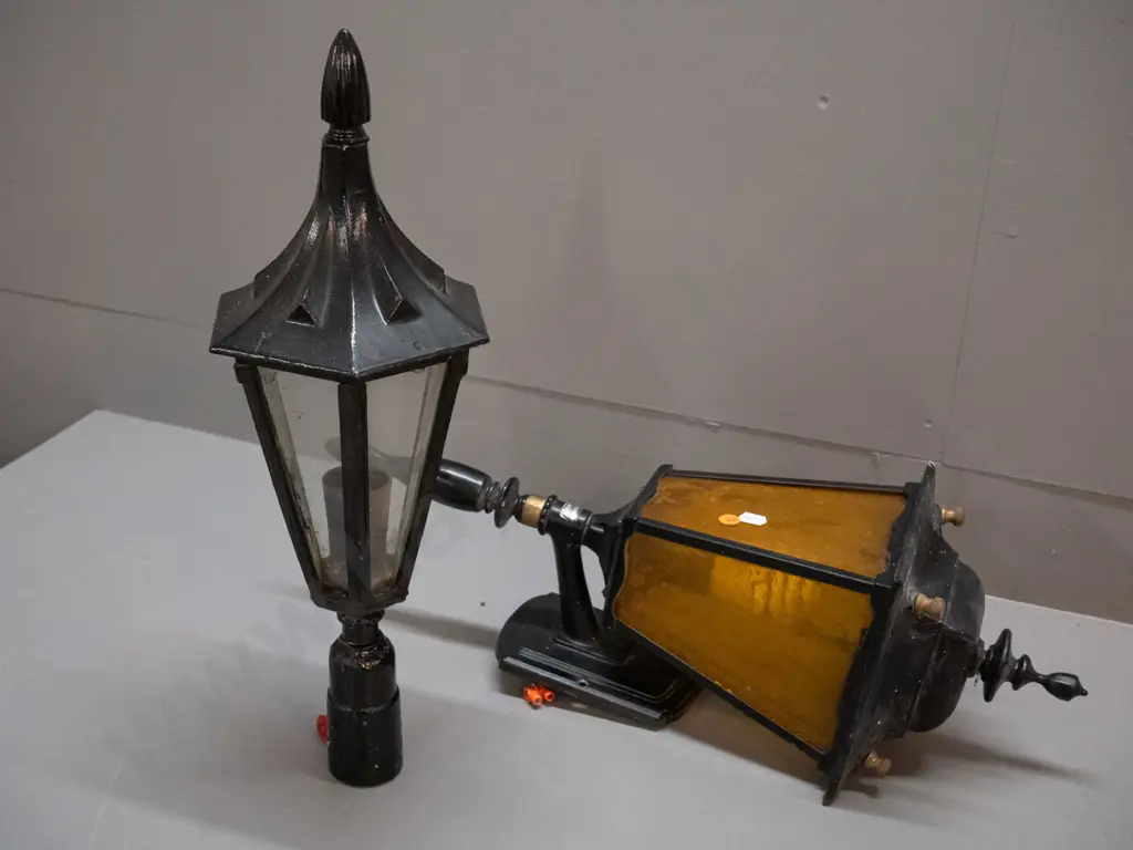 antique style cast metal and glass outdoor light fittings - wall sconce marked Kendelier H-535, other is pole mount Image 1++