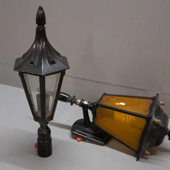 antique style cast metal and glass outdoor light fittings - wall sconce marked Kendelier H-535, other is pole mount