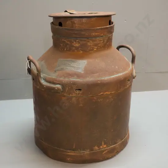 large vintage copper milk can with Glaxo Chivilcoy plaque - surface oxidisation, lid wedged into place. H-480 D-380