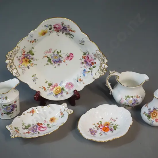 Royal Crown Derby posies china - biscuit plate, 2 sweet dishes, 2 jugs and pepper pot. Largest plate 210x170