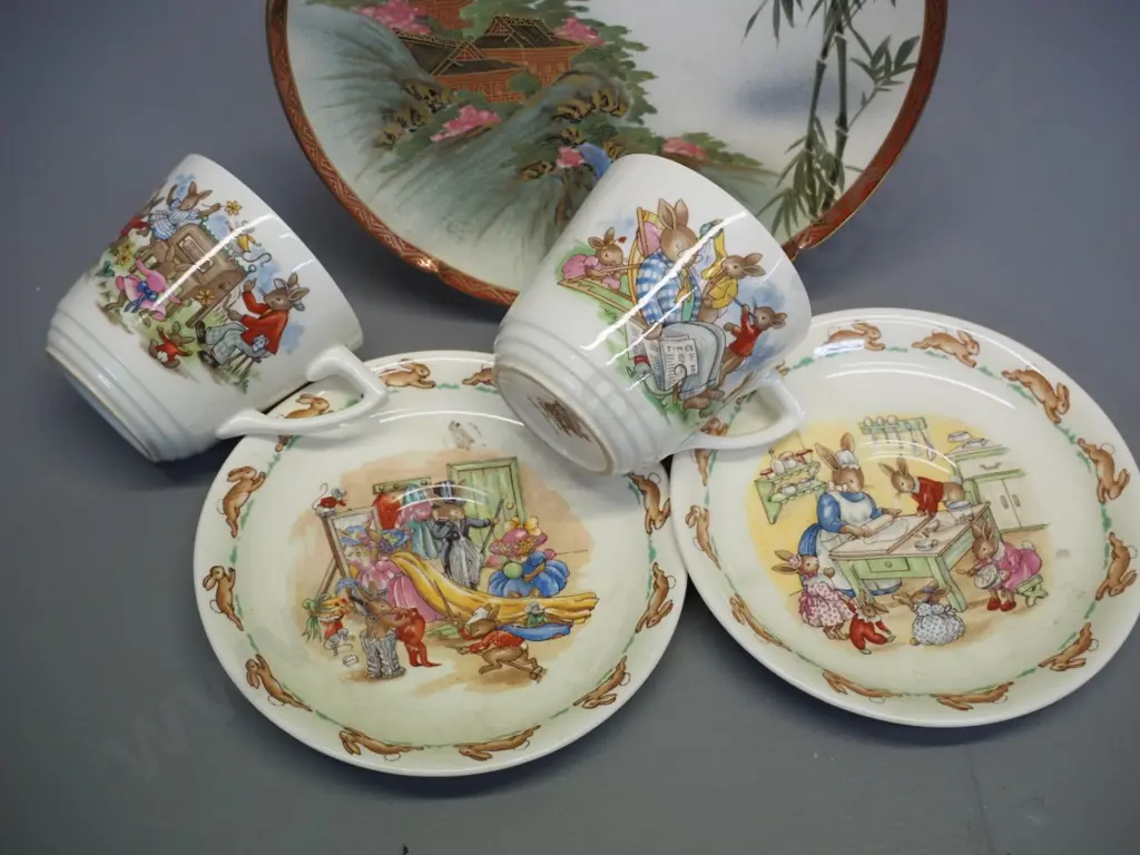 2 Royal Doulton Bunnykins cups & saucers and a Satsuma small display plate D-190 Image 1++