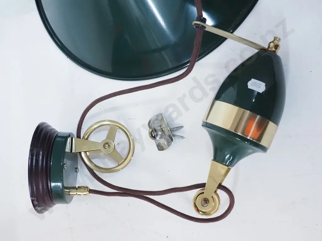 green enamelled metal and brass trimmed rise & fall light fitting D-380 Image 1++