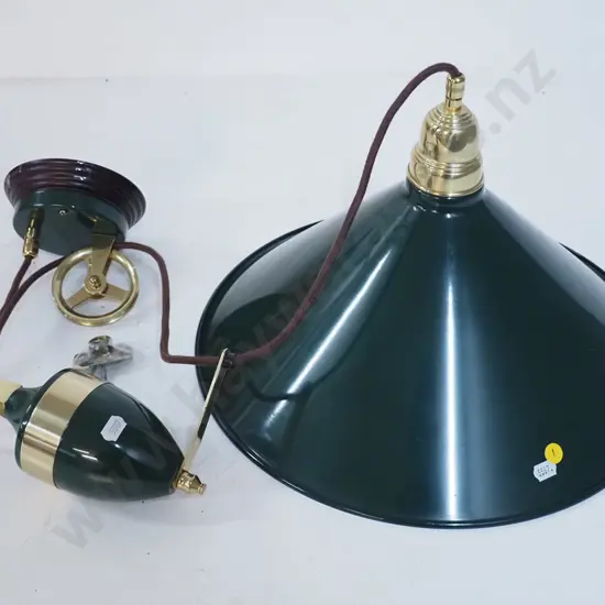 green enamelled metal and brass trimmed rise & fall light fitting D-380