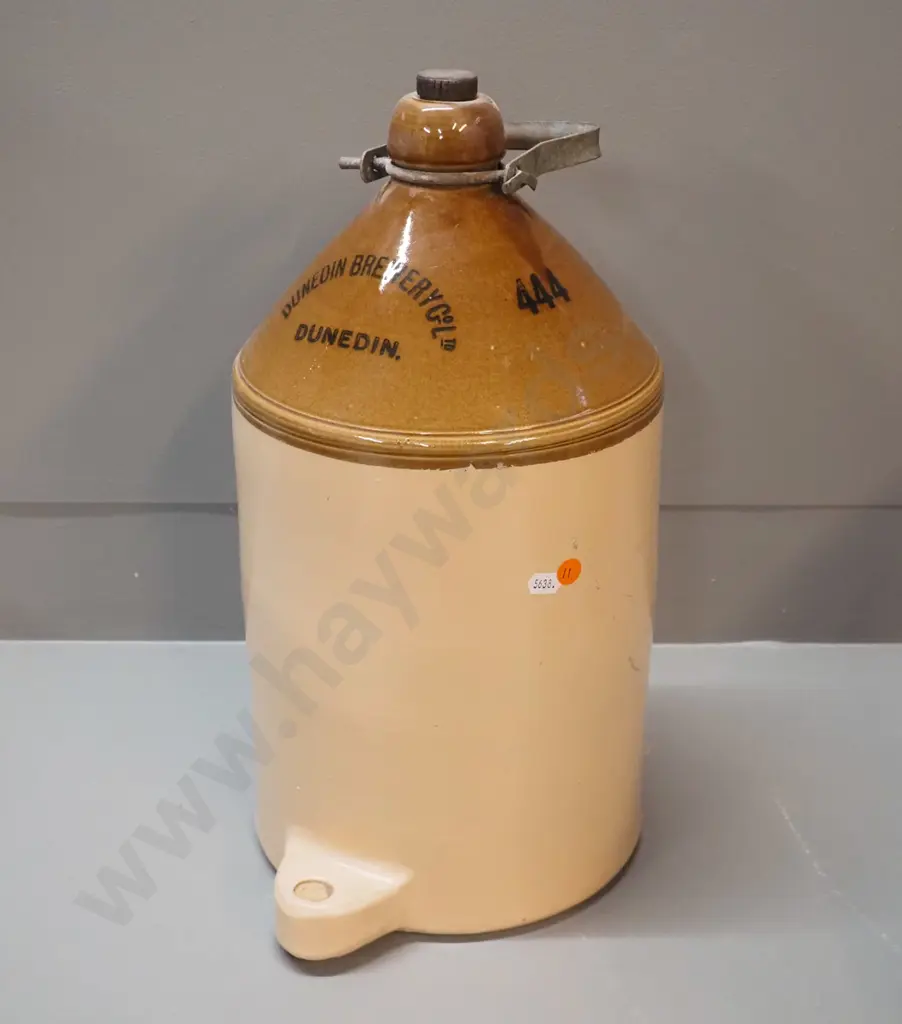 narrow-mouth stoneware crock with metal handle & threaded stopper - marked Dunedin Brewery Co. Ltd Dunedin, 444. Image 1++