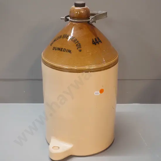 narrow-mouth stoneware crock with metal handle & threaded stopper - marked Dunedin Brewery Co. Ltd Dunedin, 444.