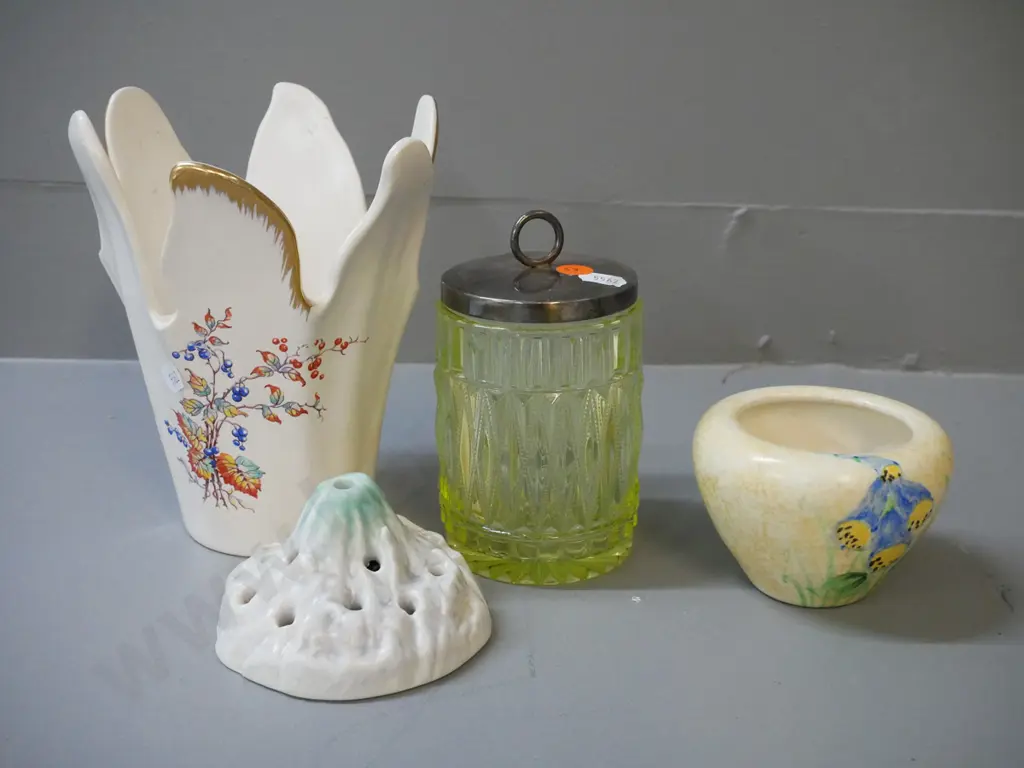 vintage cut uranium glass jam pot with silver plated lid H130 D80, Royal Winton serrated top vase, Radford small bowl, Image 1++