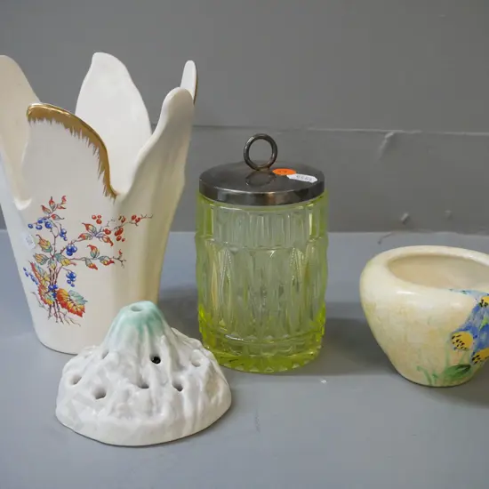 vintage cut uranium glass jam pot with silver plated lid H130 D80, Royal Winton serrated top vase, Radford small bowl,