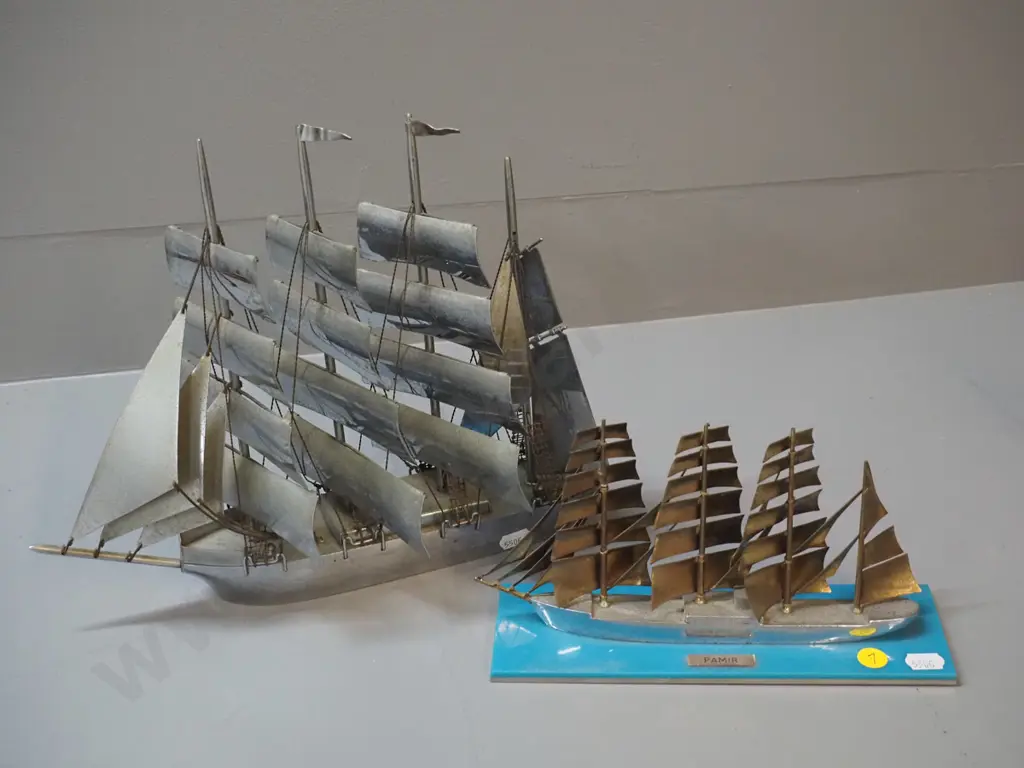 2 retro chromed steel sailing ship models, one on turquoise glass and metal base marked 'Pamir" - some pitting to chome Image 1++