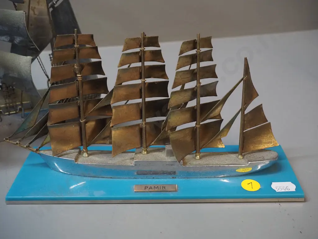 2 retro chromed steel sailing ship models, one on turquoise glass and metal base marked 'Pamir" - some pitting to chome Image 1++