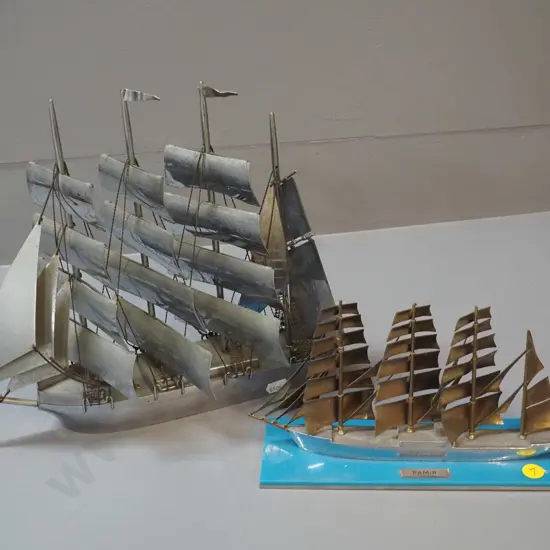 2 retro chromed steel sailing ship models, one on turquoise glass and metal base marked 'Pamir" - some pitting to chome