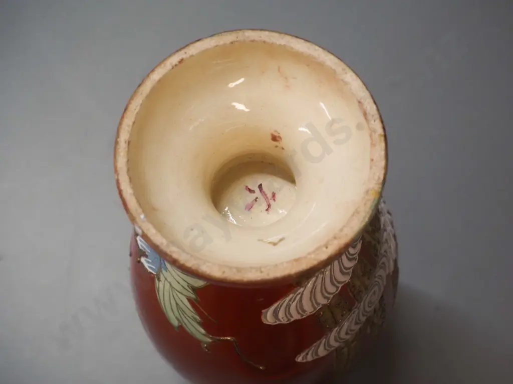 vintage Satsuma style double-handled vase, iris pattern on red H-300 W-150 Image 1++