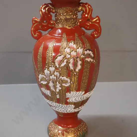 vintage Satsuma style double-handled vase, iris pattern on red H-300 W-150