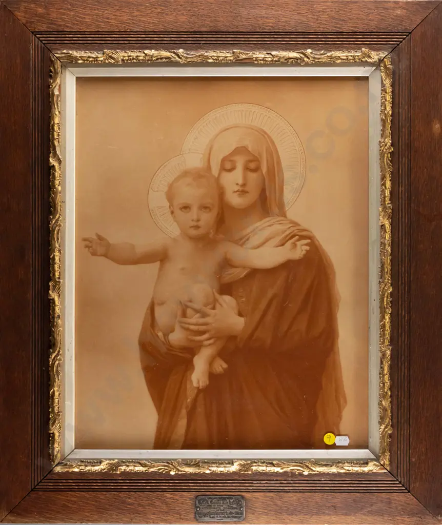 vintage oak framed religious print (illegible plaque) H-450 W-350 Image 1++