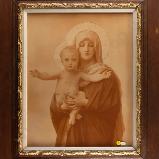 vintage oak framed religious print (illegible plaque) H-450 W-350