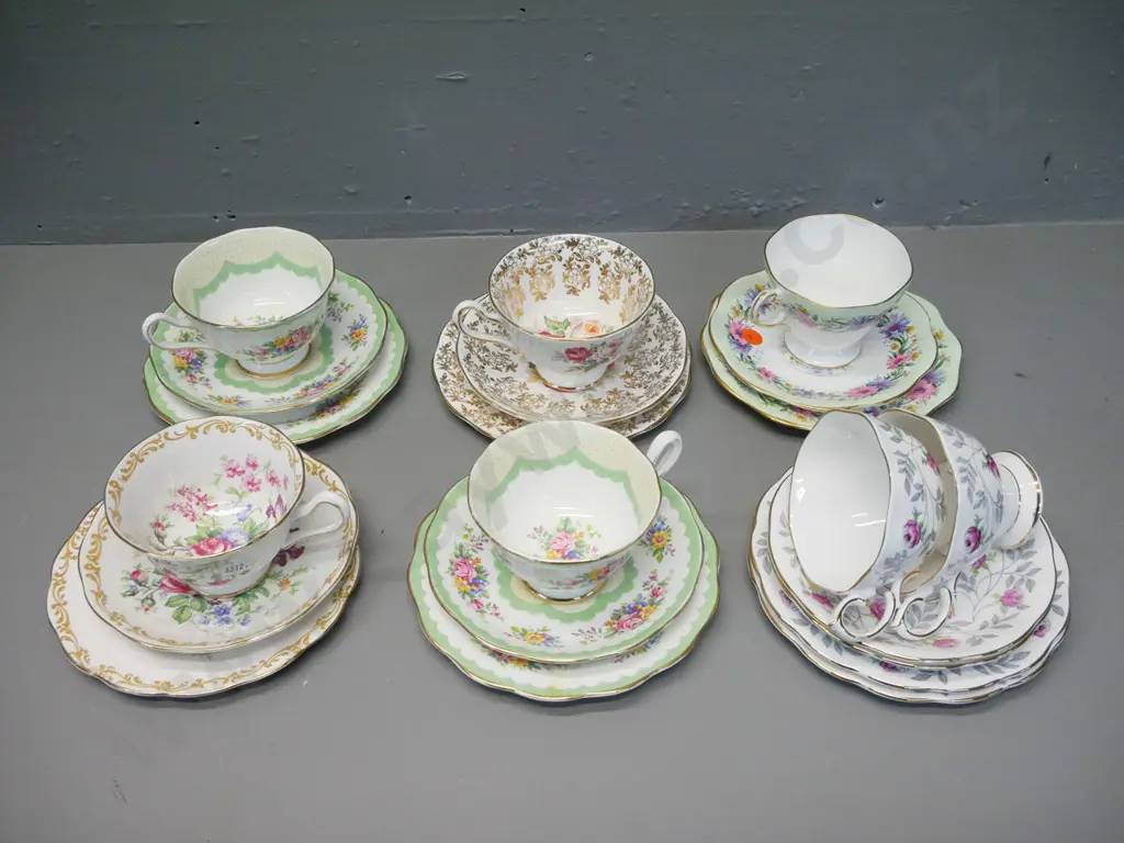 7 English bone china trios - 6 Royal Albert incl. Prudence, Nosegay, etc - and one Old Foley Image 1++