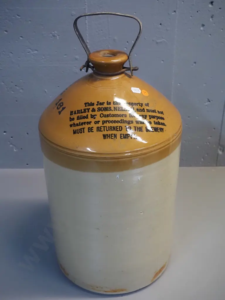 large narrow-mouth stoneware crock w/ metal handle - marked Harley & Sons Raglan Brewery, Nelson - chip at mouth Image 1++
