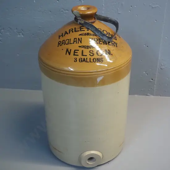large narrow-mouth stoneware crock w/ metal handle - marked Harley & Sons Raglan Brewery, Nelson - chip at mouth